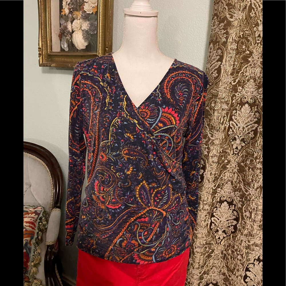 Faux wrap cotton rayon and spandex blouse.